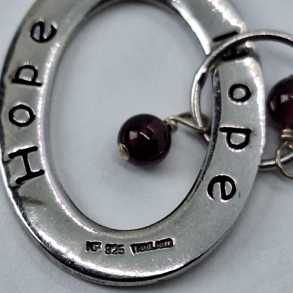 Sterling Silver 925 Open Circle Inscribed Hope Slider Pendant W/ Garnet 3.6g 1" - Picture 3 of 7